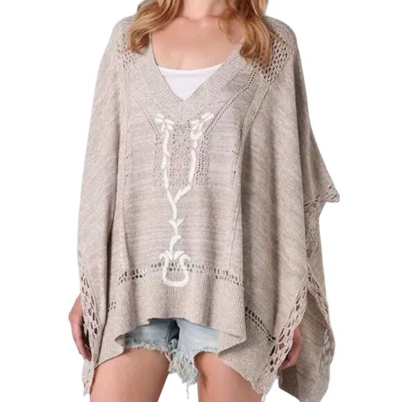Free People Precious Pointelle Poncho Womens Large Brown Knitted V-Neck Bohemian - Picture 3 of 12